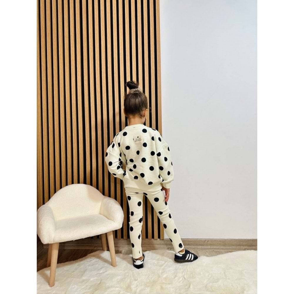 Kız Çocuk Siyah Beyaz Puantiyeli Sweatshirt Tayt Alt Üst Takım Polkadot