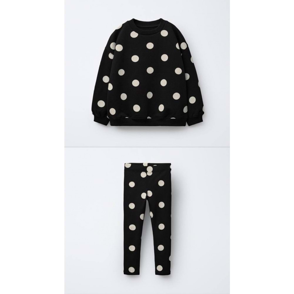 Kız Çocuk Siyah Beyaz Puantiyeli Sweatshirt Tayt Alt Üst Takım Polkadot