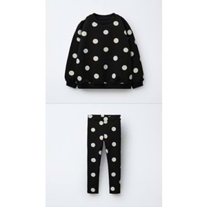 Kız Çocuk Siyah Beyaz Puantiyeli Sweatshirt Tayt Alt Üst Takım Polkadot