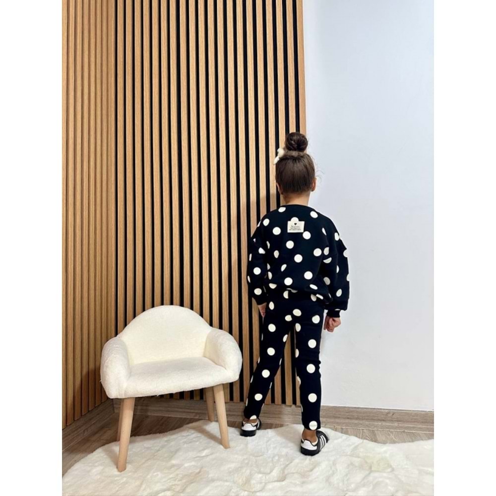 Kız Çocuk Siyah Beyaz Puantiyeli Sweatshirt Tayt Alt Üst Takım Polkadot