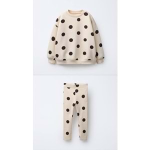 Kız Çocuk Siyah Beyaz Puantiyeli Sweatshirt Tayt Alt Üst Takım Polkadot