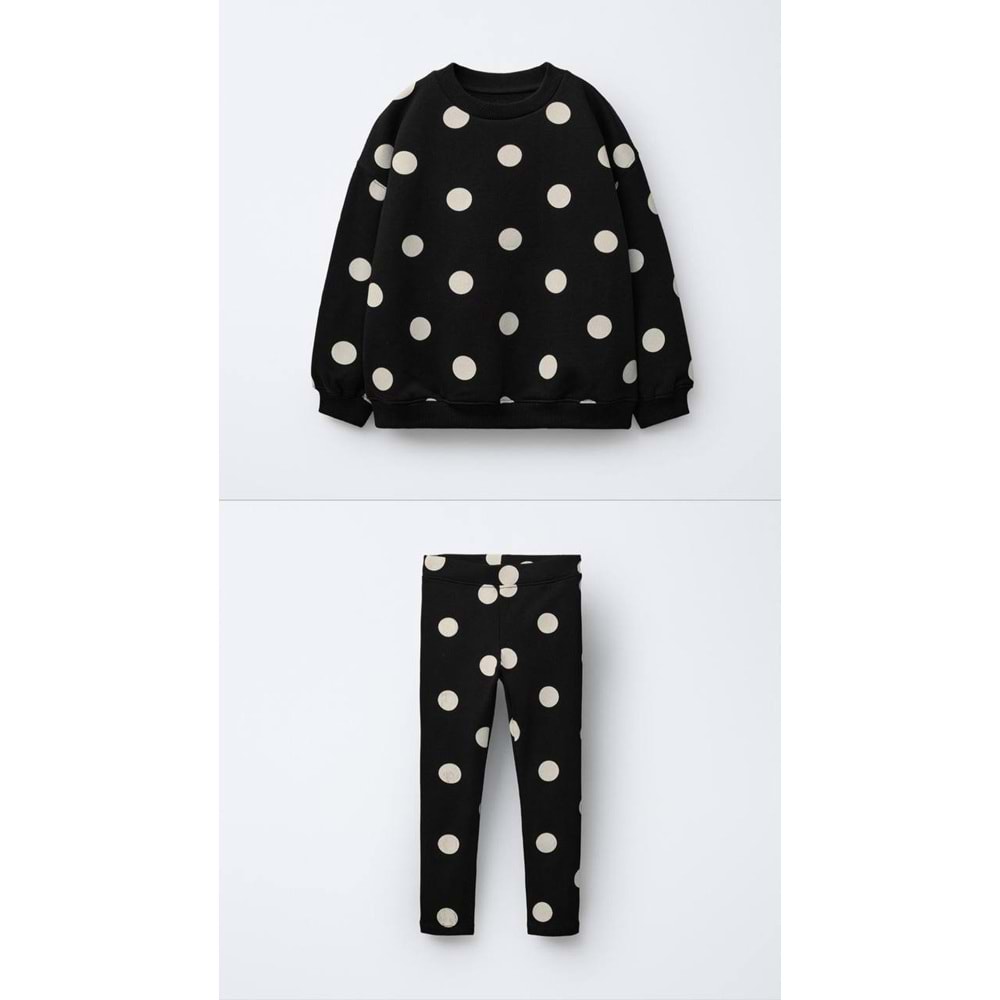 Kız Çocuk Siyah Beyaz Puantiyeli Sweatshirt Tayt Alt Üst Takım Polkadot