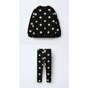 Kız Çocuk Siyah Beyaz Puantiyeli Sweatshirt Tayt Alt Üst Takım Polkadot