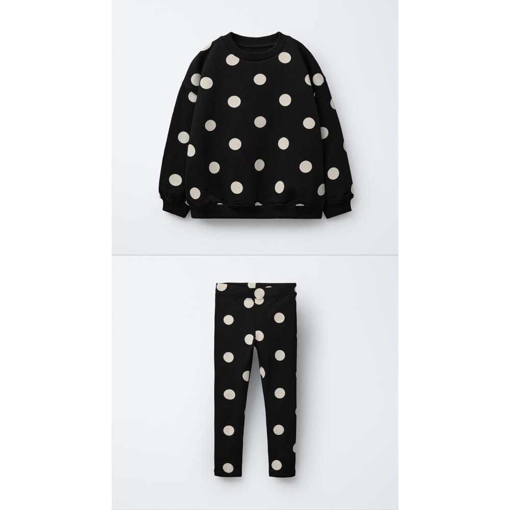 Kız Çocuk Siyah Beyaz Puantiyeli Sweatshirt Tayt Alt Üst Takım Polkadot
