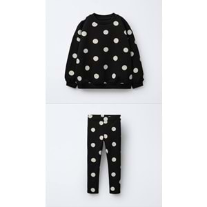 Kız Çocuk Siyah Beyaz Puantiyeli Sweatshirt Tayt Alt Üst Takım Polkadot