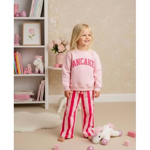 Kız Çocuk Yeni Sezon PANCAKE Baskılı Canvas Jogger Sweatshirt - Eşofman Alt Üst Takım Pembe Renk