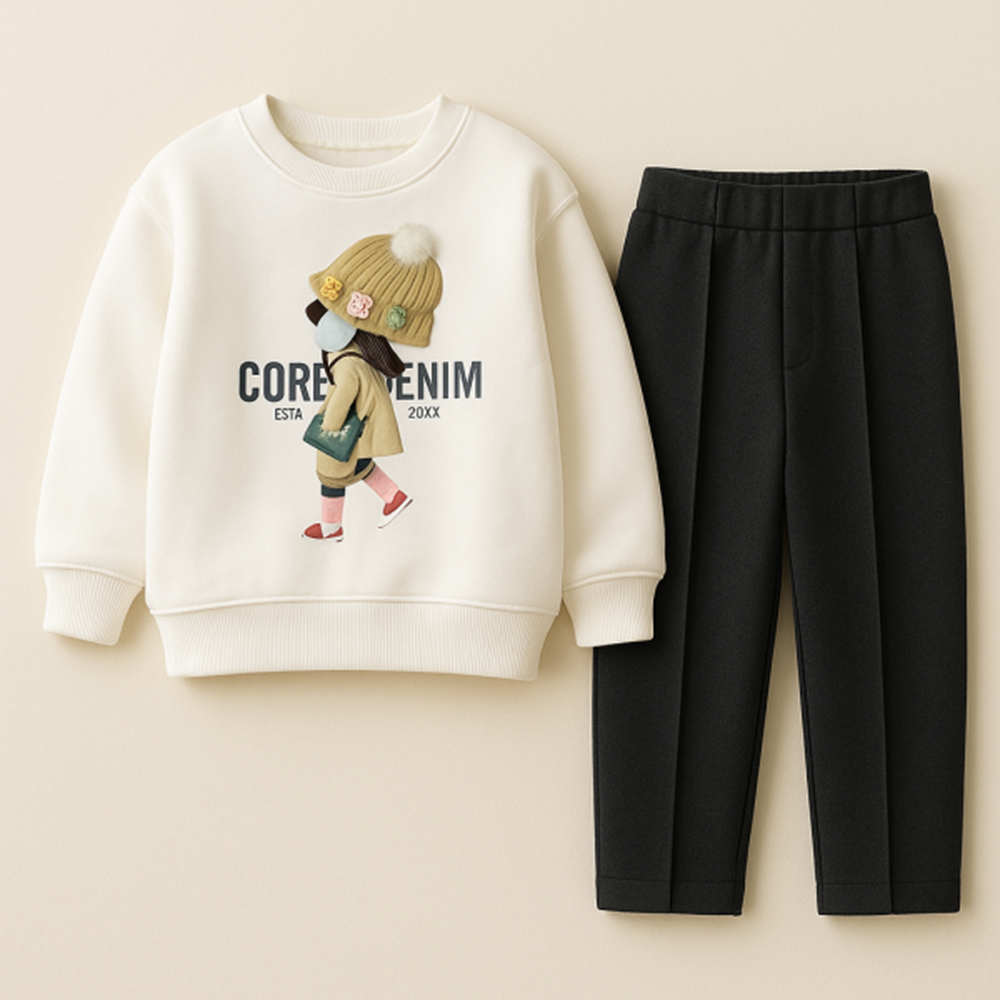 Kız Çocuk 3D Bere Detaylı Baskılı Sweatshirt Bol Eşofman Altı Alt Üst Takım