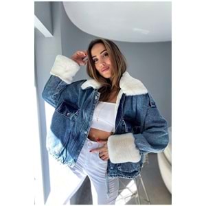 Kadın Denim Jean Kürk Yaka Ve Kol Detaylı Peluş Mont