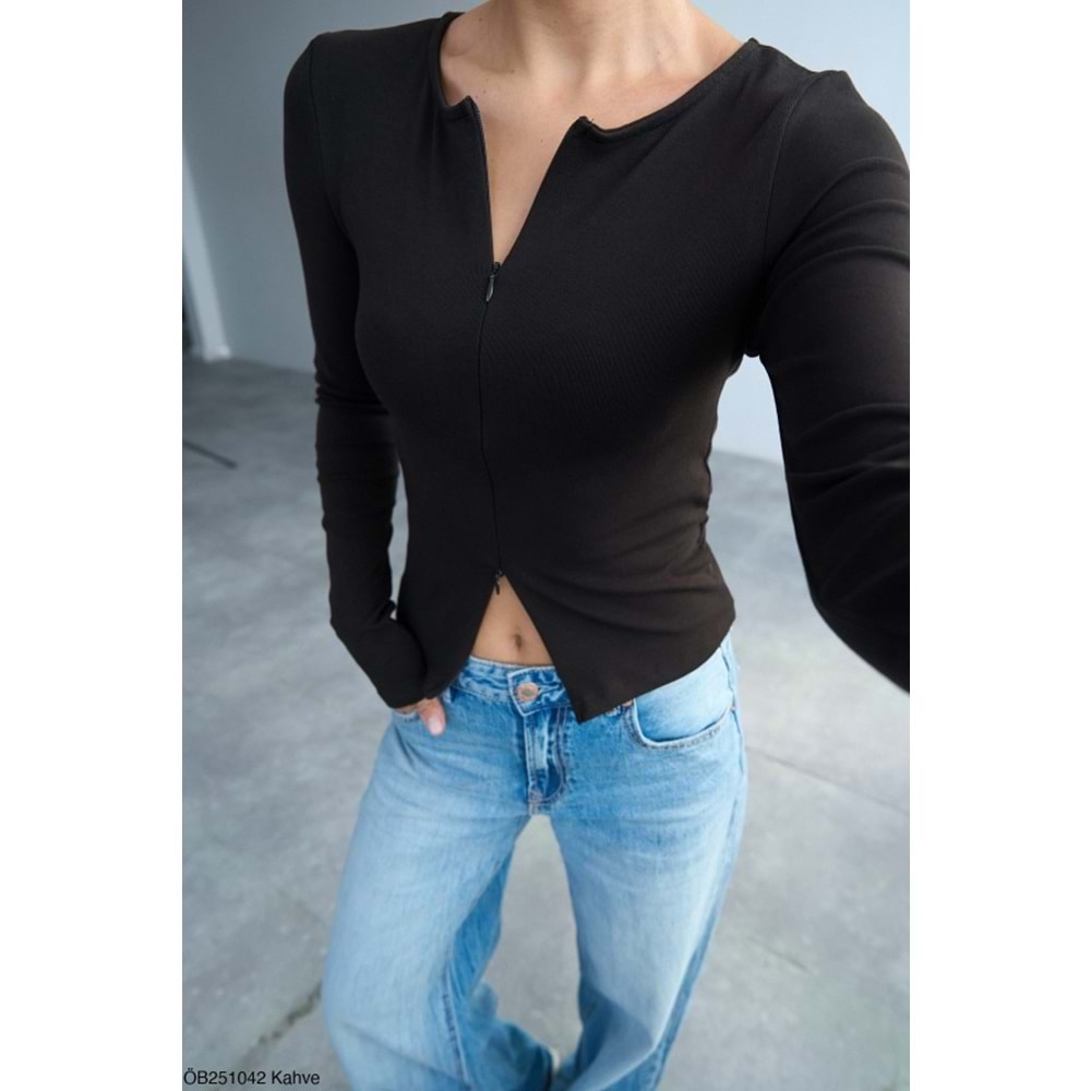 Kadın Çift Fermuarlı Uzun Kollu Bluz – Yuvarlak Yaka, Slim Fit, Günlük ve Şık Kombinler