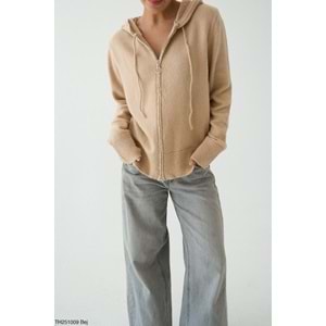 Kadın Giyim Yeni Sezon Kapüşonlu Çift Taraf Fermuar Kapama Hırka Bej Renk