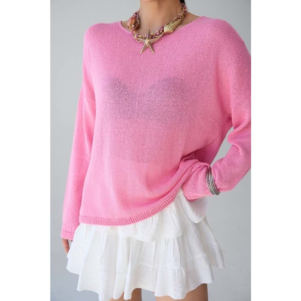 Kadın İnce Triko Kazak – Pembe & Sarı, Yuvarlak Yaka, Hafif Salaş Fit