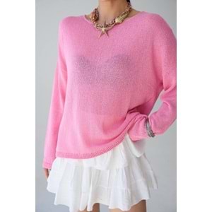 Kadın İnce Triko Kazak – Pembe & Sarı, Yuvarlak Yaka, Hafif Salaş Fit