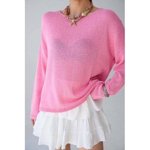 Kadın İnce Triko Kazak – Pembe & Sarı, Yuvarlak Yaka, Hafif Salaş Fit