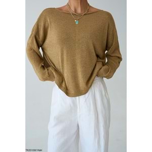 Kadın Giyim Yeni Sezon Sim Dokuma Bronz Renk Kayık Yaka Bluz