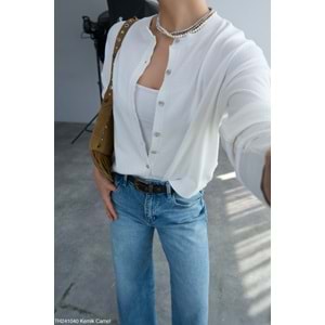 Kadın Kemik Renk Düğmeli Triko Hırka Kol Camel Renk Parça Detaylı