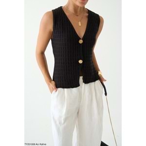 Kadın Giyim Aci Kahve Gold Düğme Kapamalı Yelek Yeni Sezon Doku Detaylı