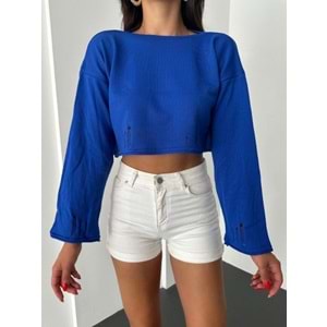 Kadın Giyim Lacivert Ve Pembe Renk Akma Yırtık Detay Tarz Crop Kazak