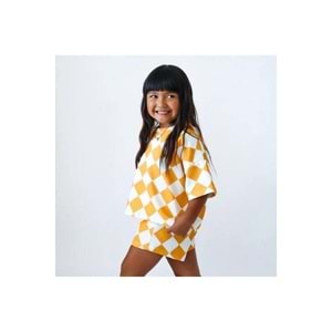 Kız Çocuk Oversize Ekose - Dama Desenli Tişört ve Şort 2li Takım – 2-7 Yaş Yazlık Takım Sarı Renk