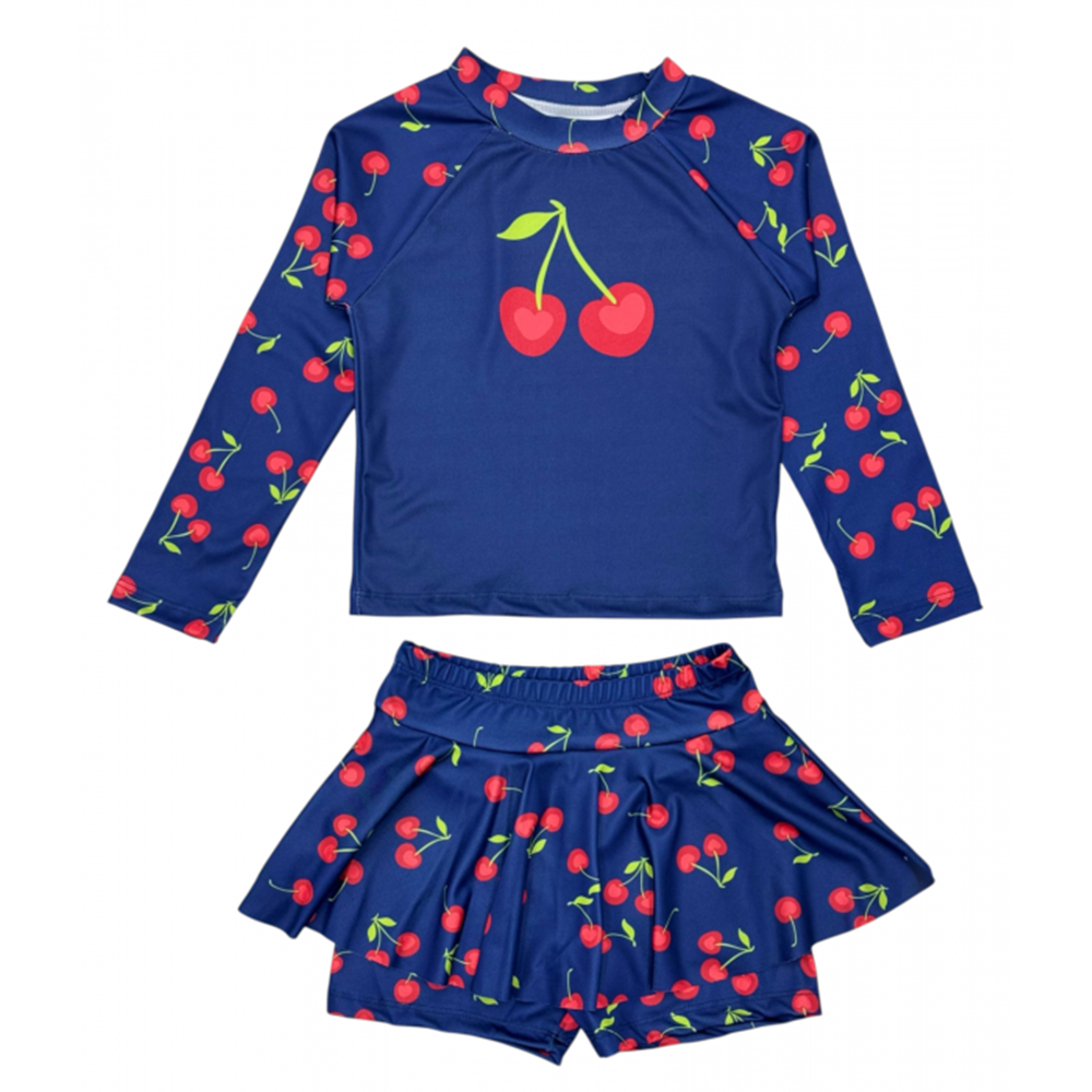 Kız Çocuk Lacivert Renk Kiraz - Cherry Desenli Uzun Kollu Tayt Etekli 2 Parça Mayo / Bikini Takımı