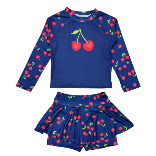 Kız Çocuk Lacivert Renk Kiraz - Cherry Desenli Uzun Kollu Tayt Etekli 2 Parça Mayo / Bikini Takımı