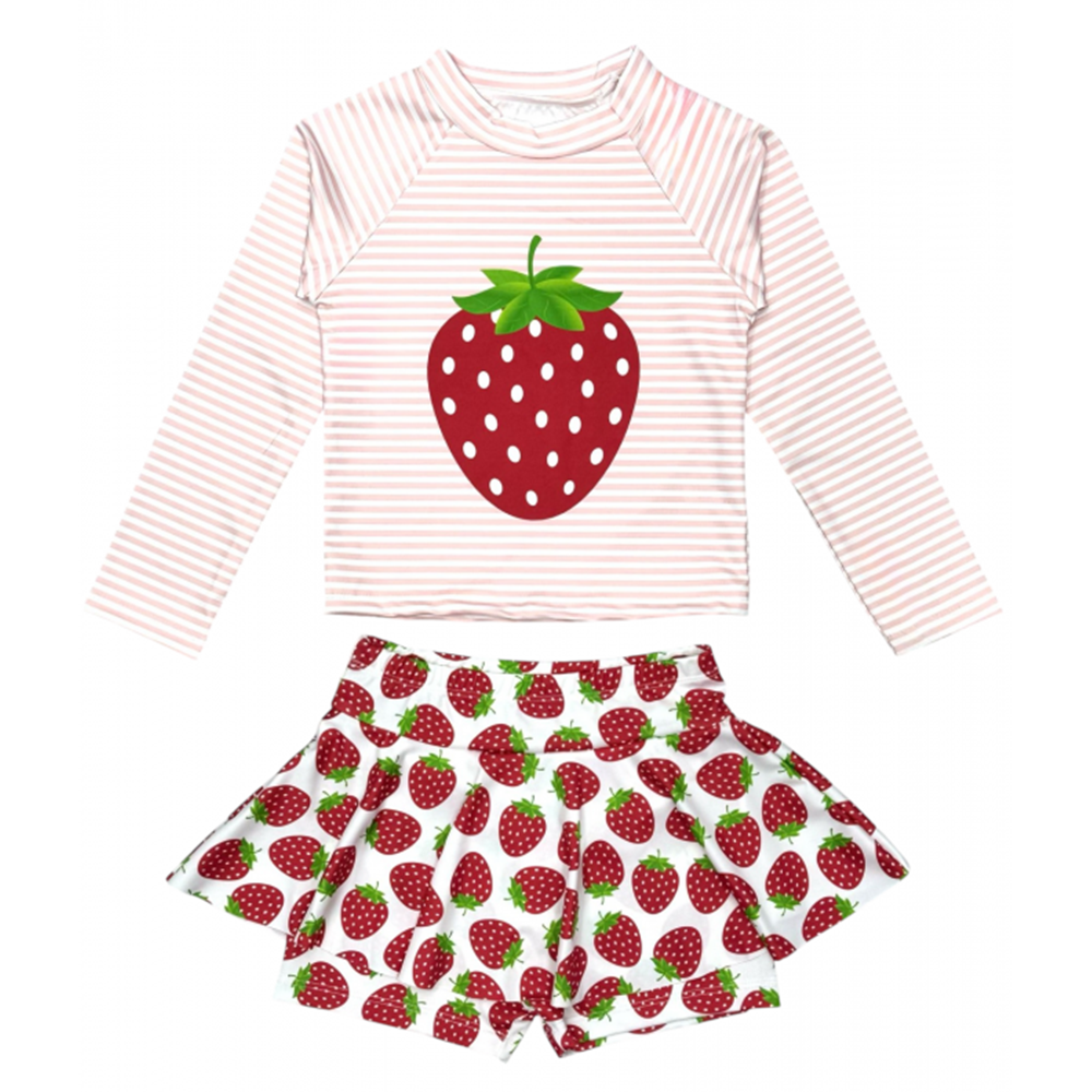 Kız Çocuk Çilek Desenli Uzun Kollu Tayt Etekli 2 Parça Mayo / Bikini Takımı