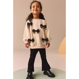 Yumuşak Pamuklu Kumaş Tül Fiyonk Aplikeli Sweatshirt ve Fitilli İspanyol Paça Tayt Alt Üst Takım