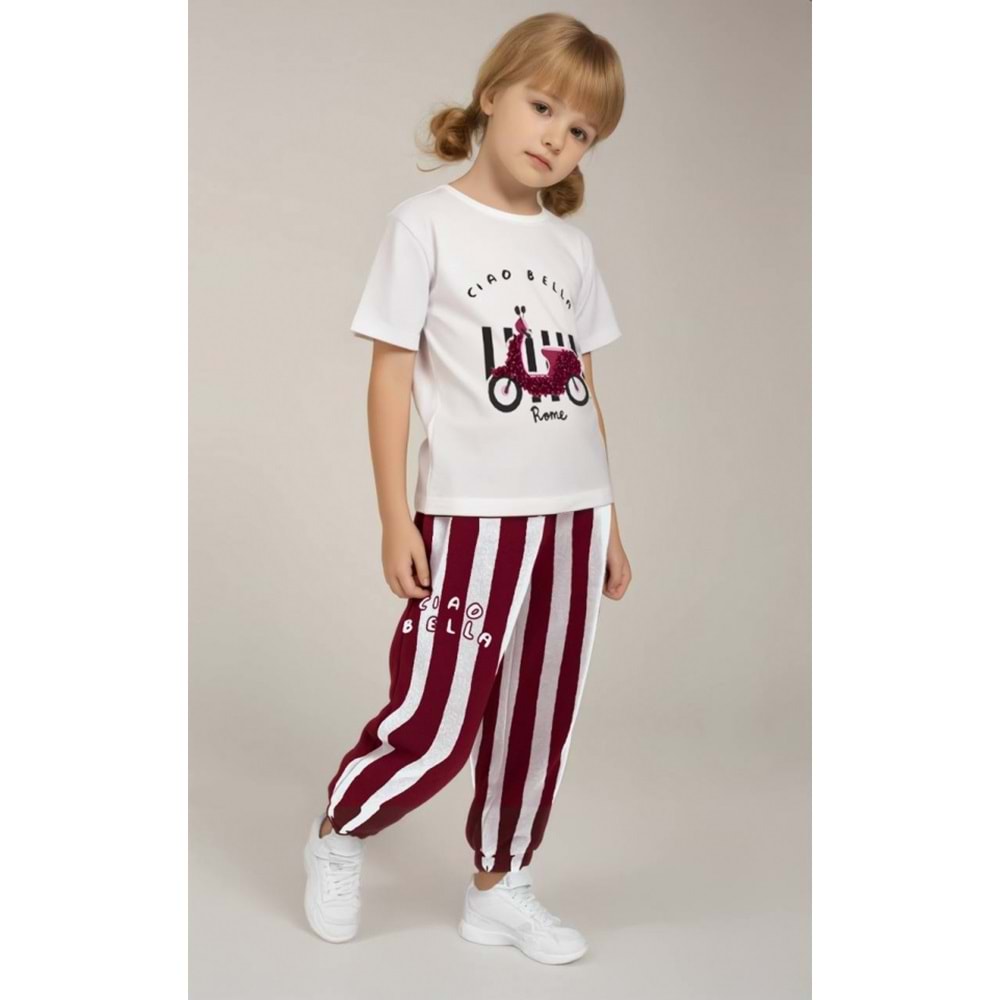 Kız Çocuk Scooter üzeri Aplike Detaylı Tshirt ve Çizgili Jogger Alt Üst Takım