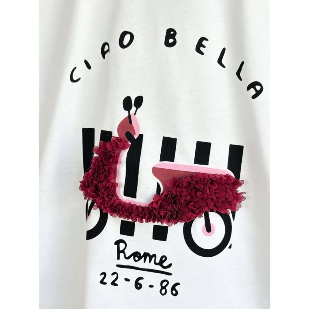 Kız Çocuk Scooter üzeri Aplike Detaylı Tshirt ve Çizgili Jogger Alt Üst Takım