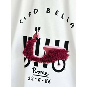 Kız Çocuk Scooter üzeri Aplike Detaylı Tshirt ve Çizgili Jogger Alt Üst Takım