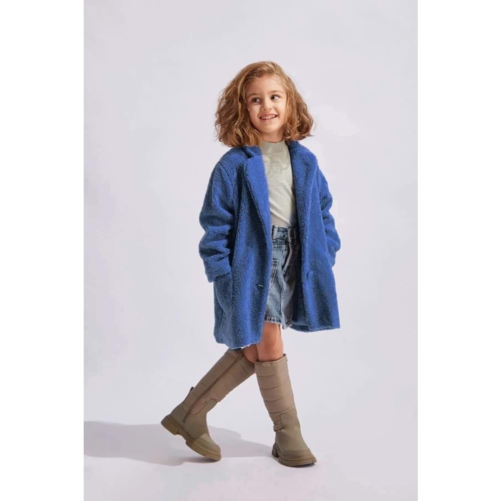 Kız Çocuk Yeni Sezon Trend Peluş Kürk Kaban Düğme Kapamalı Saten İç Astarlı