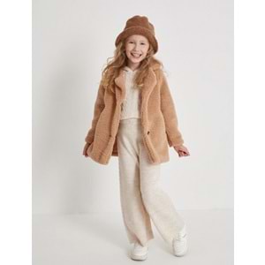 Kız Çocuk Yeni Sezon Trend Peluş Kürk Kaban Düğme Kapamalı Saten İç Astarlı