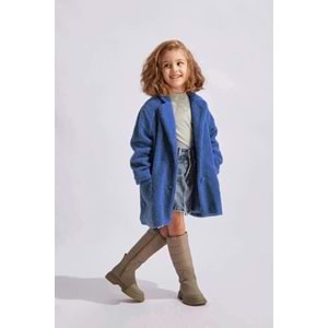 Kız Çocuk Yeni Sezon Trend Peluş Kürk Kaban Düğme Kapamalı Saten İç Astarlı