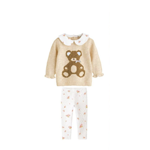 Kız Çocuk Teddy Bear Sevimli Ayıcık Süzene Nakışlı Triko Kazak Fitil Çiçekli Tayt Alt Üst Takım