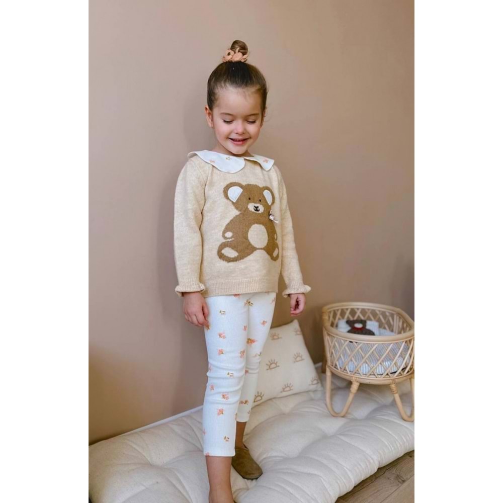 Kız Çocuk Teddy Bear Sevimli Ayıcık Süzene Nakışlı Triko Kazak Fitil Çiçekli Tayt Alt Üst Takım