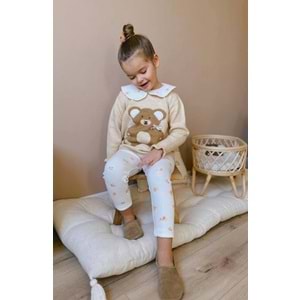 Kız Çocuk Teddy Bear Sevimli Ayıcık Süzene Nakışlı Triko Kazak Fitil Çiçekli Tayt Alt Üst Takım