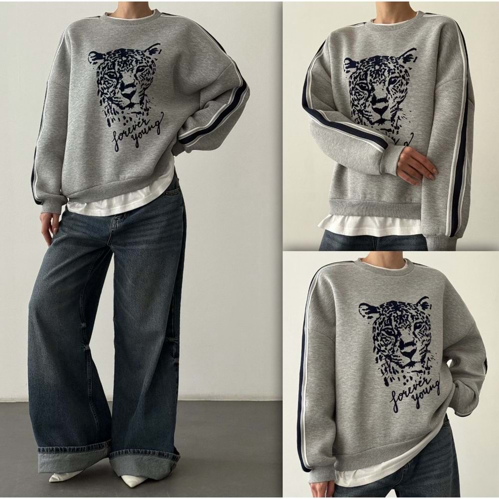 Kabartma Kaplan Baskılı Gri Melanj Şardonlu Sweatshirt