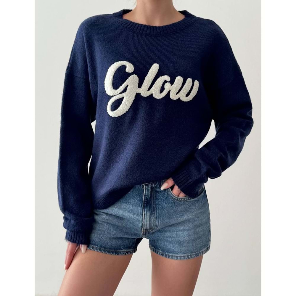 Glow Slogan Nakış Detaylu Triko Kazak Lacivert Renk