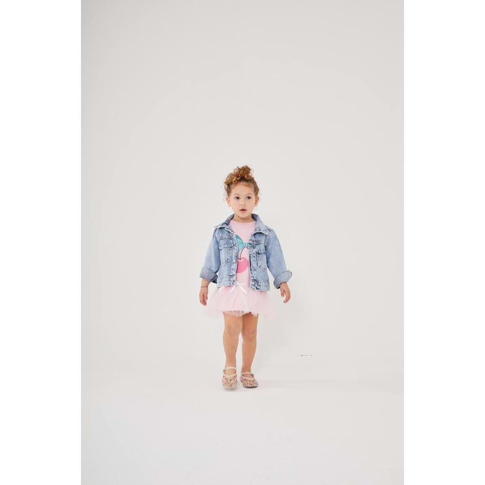 KIZ ÇOCUK KİRAZ DESEN KOT CEKET - KOT MAVİ - 4-5 YAŞ - ST00225-11697