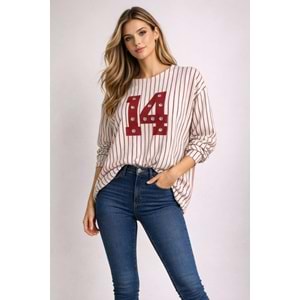 14 // Zımba Detay Yeşil Ekru Salaş Sweat - KIRMIZI - L