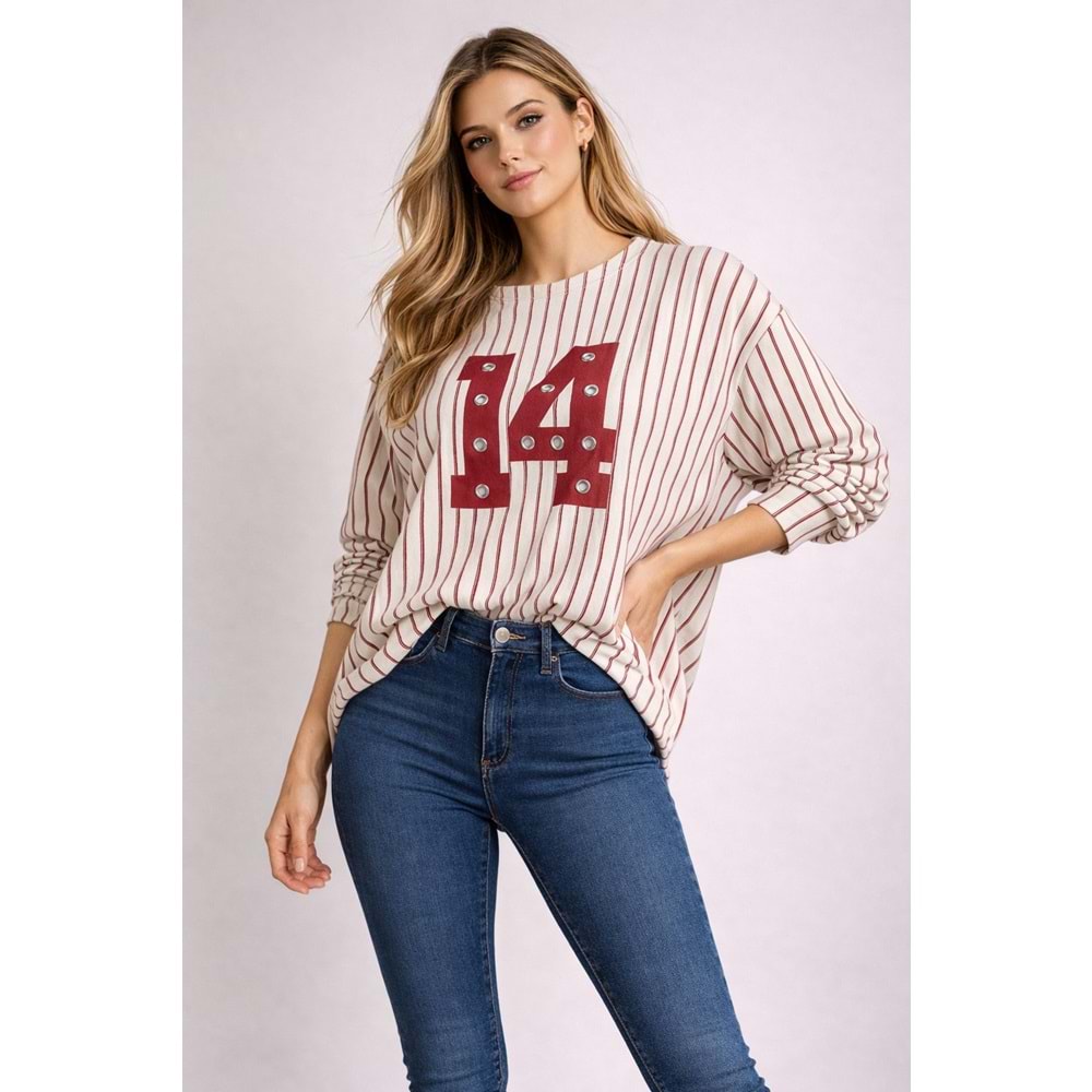 14 // Zımba Detay Yeşil Ekru Salaş Sweat - KIRMIZI - L