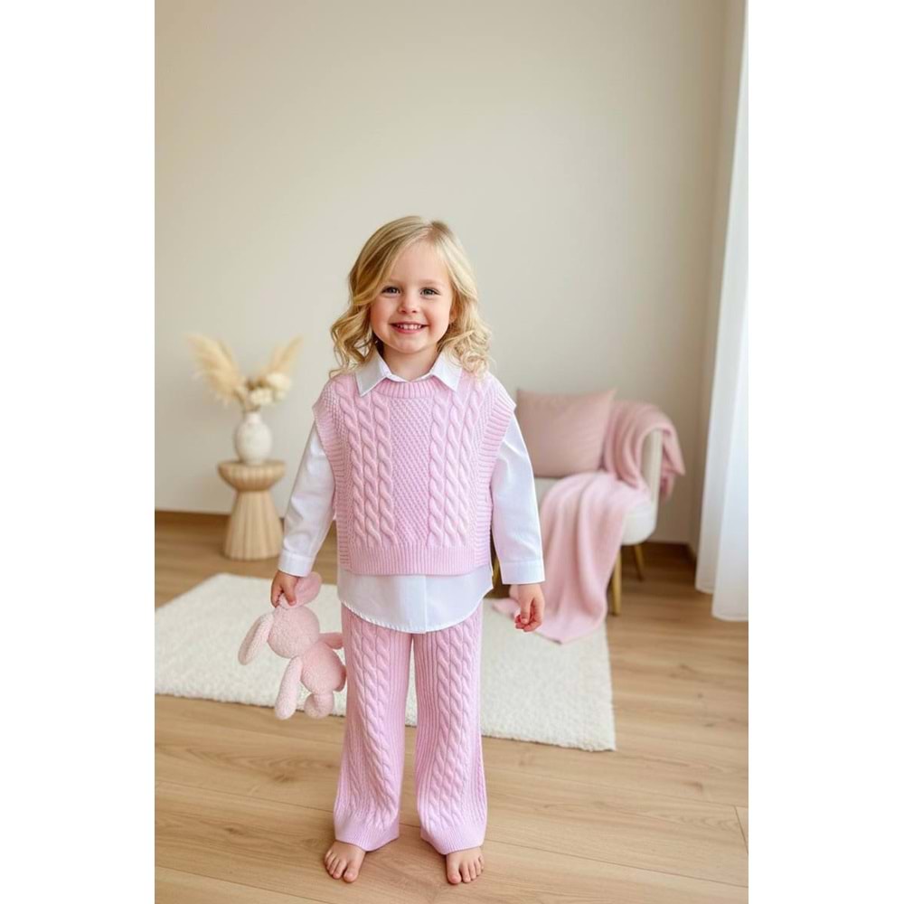 Pembe Triko Takım 3 Parça Gömlek Yelek Pantolon - PASTEL PEMBE - 2-3 YAŞ - ST00278-PASTEL PEMBE-2-3 YAŞ