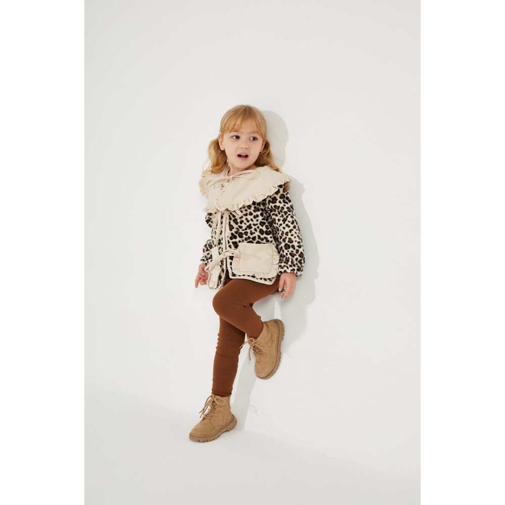 Kız Çocuk Leopar Desenli Polar Takım Bağlama Detaylı
