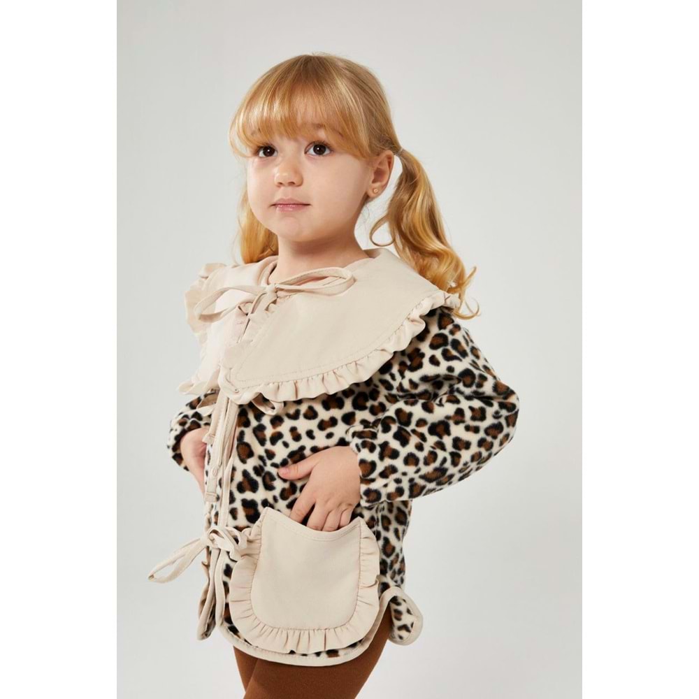 Kız Çocuk Leopar Desenli Polar Takım Bağlama Detaylı
