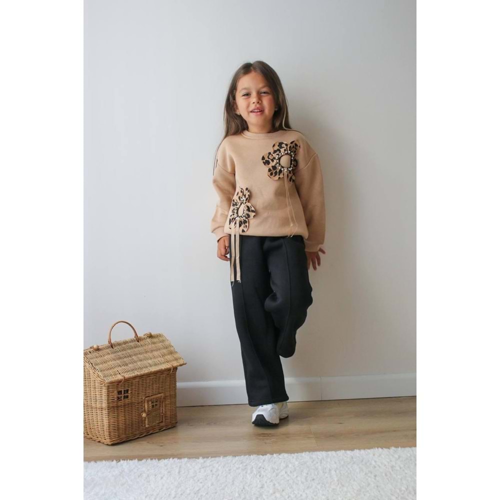 Açık Kahve Leopar Çiçek Aplikeli Alt Üst Takım