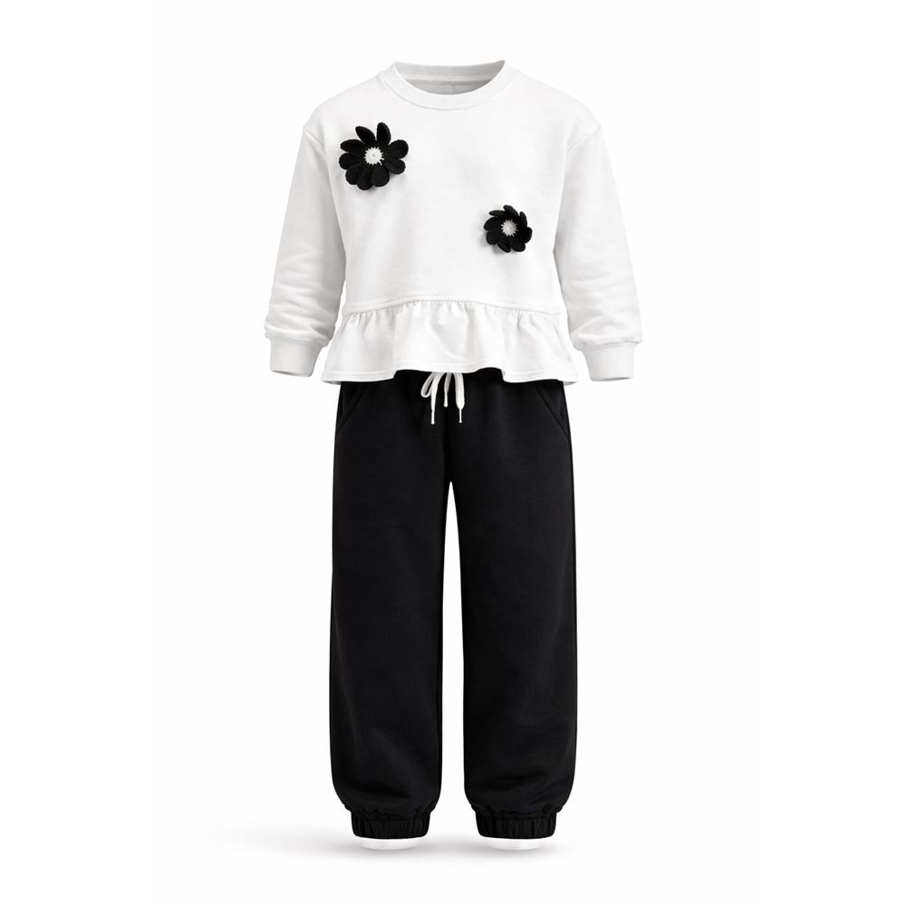 Beyaz Sweat Üzeri Çiçek Aplike Alt Üst Takım - SİYAH BEYAZ - 9-10 YAŞ - ST00310-SİYAH BEYAZ-9-10 YAŞ