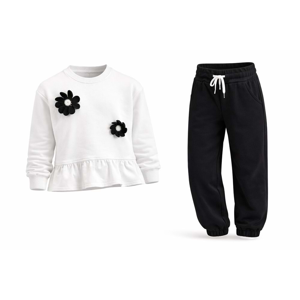 Beyaz Sweat Üzeri Çiçek Aplike Alt Üst Takım - SİYAH BEYAZ - 9-10 YAŞ - ST00310-SİYAH BEYAZ-9-10 YAŞ