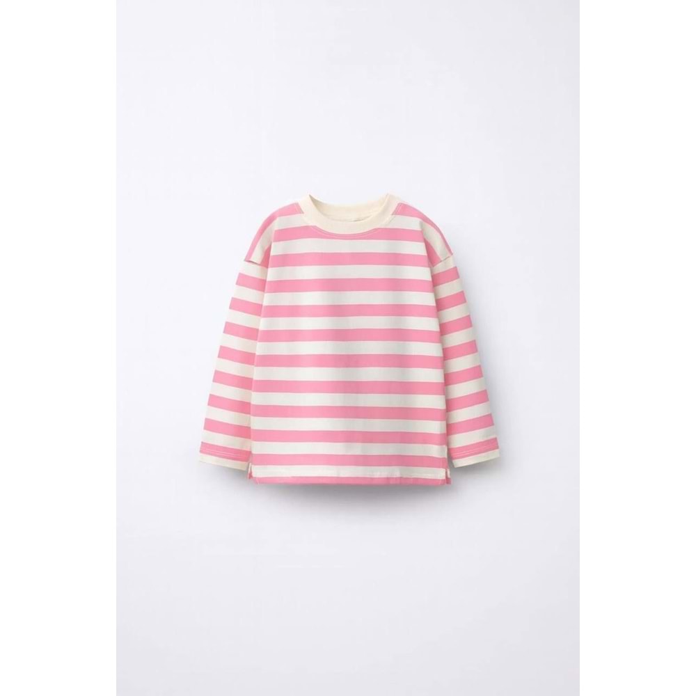 Kız Çocuk Pembe Renk Çizgili Sweatshirt - Uzun Kol