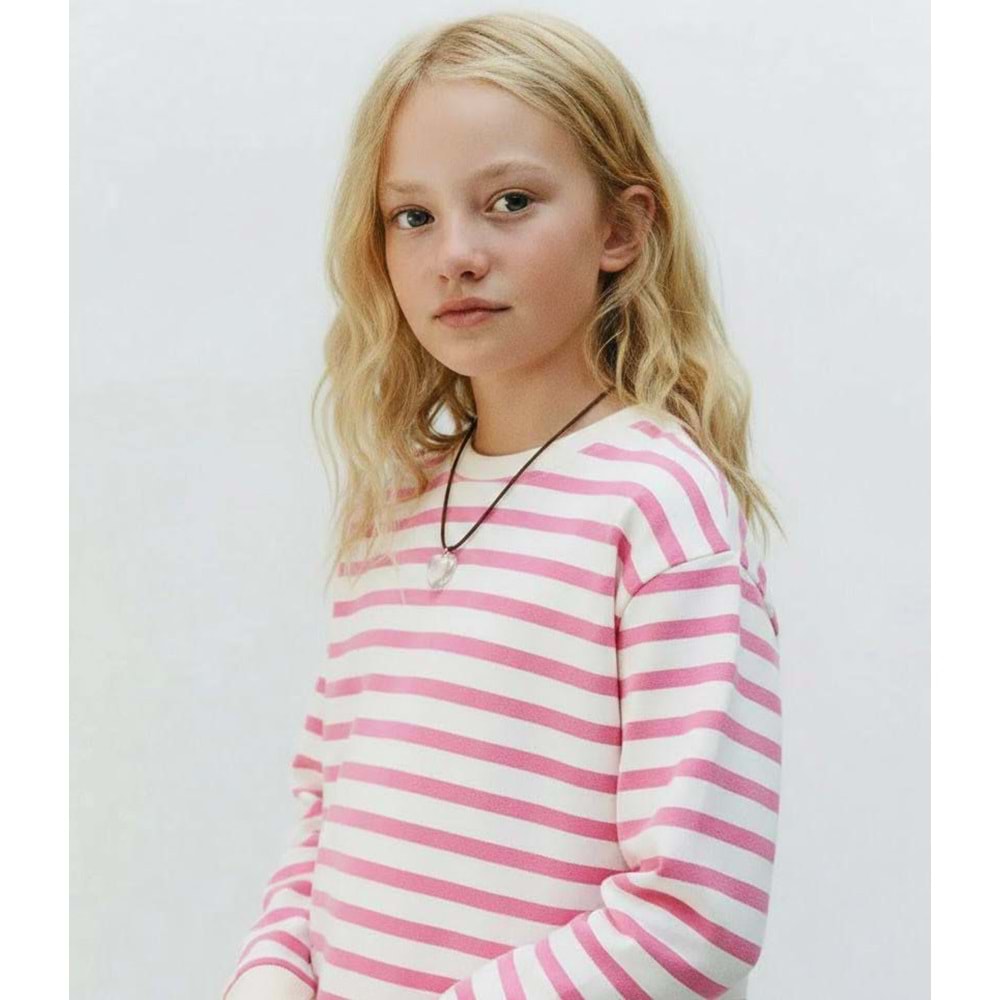 Kız Çocuk Pembe Renk Çizgili Sweatshirt - Uzun Kol