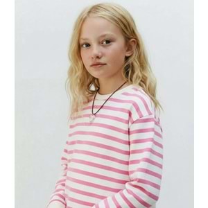 Kız Çocuk Pembe Renk Çizgili Sweatshirt - Uzun Kol