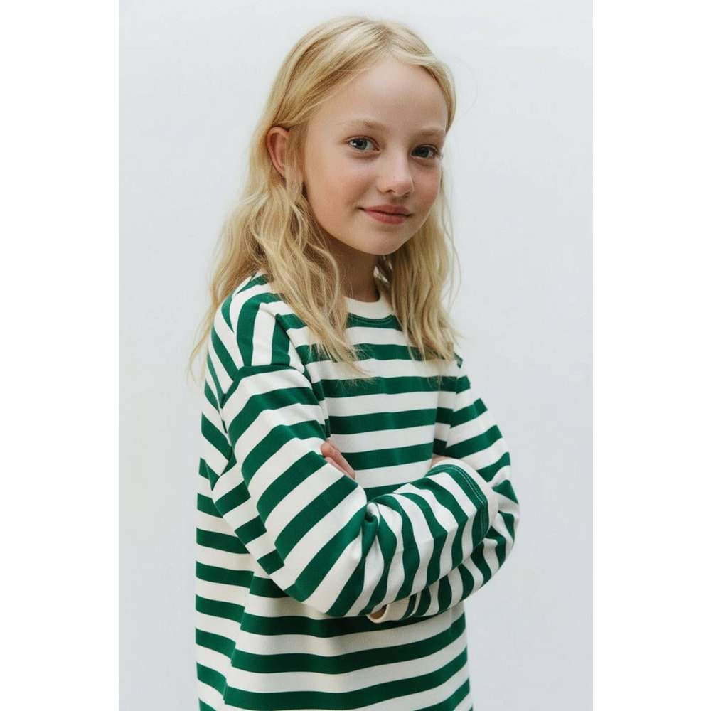 Unisex Yeni Sezon Çizgili Yeşil Renk Sweatshirt